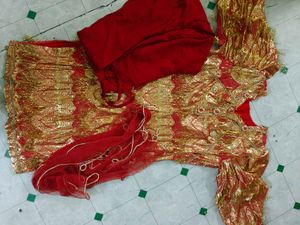 Red &amp; Gold Embellished Dress with Leggings