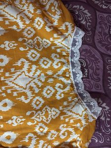 Yellow Printed Kurta Set with Lace Trim