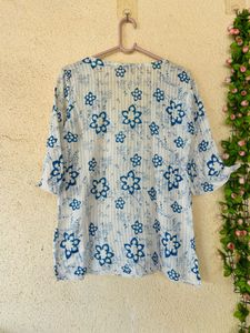 Blue Floral Print Embroidered Kurta