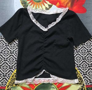 Lace Trim Ruched V-Neck Top