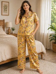 Yellow Floral Satin Pajama Set