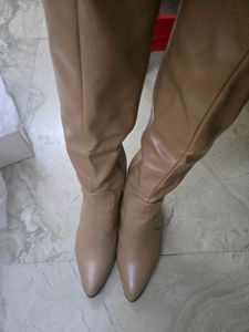 leather Beige Knee-High Boots