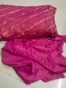 Vibrant Pink Saree with Golden Stripes