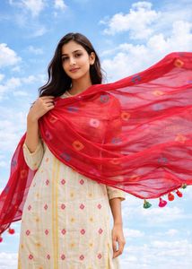 Red bandhani Dupatta with Tassels