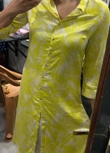 Bright Yellow Leaf Print Kurta