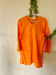 Vibrant Orange Embroidered Kurta