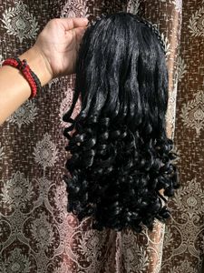 BLACK CURLY WIG WITH BRAID ACCENT
