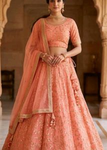 Peach Embroidered Lehenga Choli Set