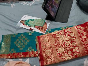 New Elegant Red and Teal Silk Saree