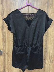 Chic Black Satin Romper with Lace Detail