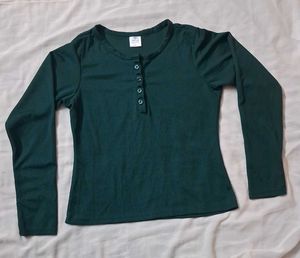 Green Ribbed Long Sleeve Henley Top