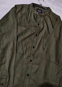 Men's Olive Green Band Collar Shirt