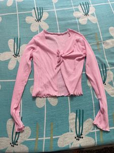 Pink Tie-Front Ribbed Cardigan Top