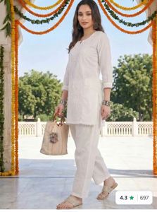 Elegant White cotton Kurta Set with Palazzo Pants