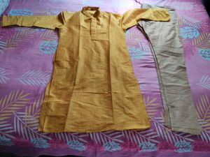 Manyavar Men's Yellow Kurta with Beige Pants