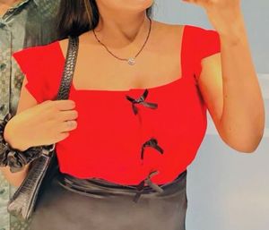 Chic Red Lace-Up Square Neck Top