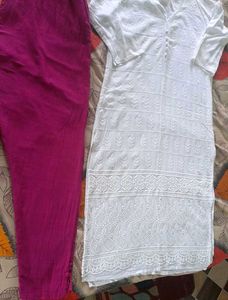 White Chikankari Kurta with Magenta Pant