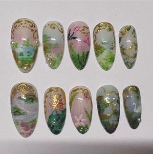 Hand-Painted False Nails - Floral & Swan Design