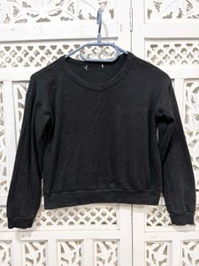 💝Black Ribbed Crop Long Sleeve V-Neck Top E