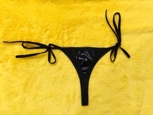 Faux Shiny Black Leather Tie-Side Bikini Bottom