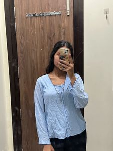 Light Blue V-Neck Long Sleeve Top