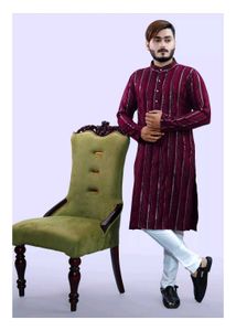 Men's Maroon Striped Kurta