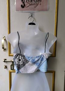 Blue Patchwork Crop Top