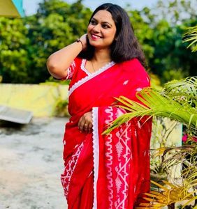 Beautiful Red  embroidery  Saree with White Prints