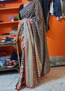 kalamkari ajrakh black cotton saree