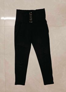 High Waisted Black Pants with Lace-Up Detail