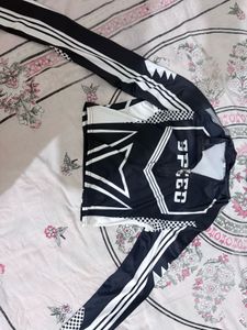 Black Contrast Printed Half Zipper Top