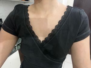 Chic Black Lace Trimmed V-Neck Top