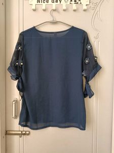 Navy Blue Embellished Sleeve Top