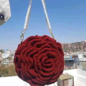Crochet Rose Design Sling Bag with Pearl