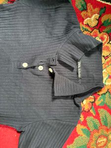 ZARA THRIFTED Navy Blue Ribbed Polo top