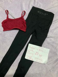 Black Leggings and Red Sports Bra Set