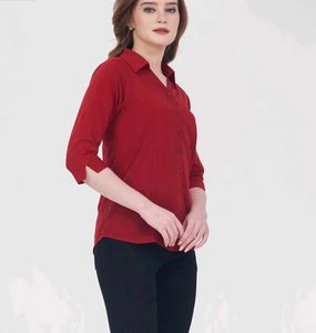 Chic Red Collared 3/4 Sleeve Shirt