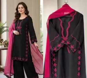Elegant Black Kurta Set with Pink Embroidery