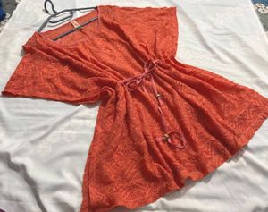 🎁Orange Lace Swim Cover-Up C