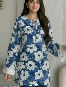 Blue Floral Print Kurta with Lace Detail