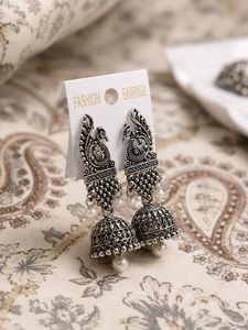 Oxidised Silver Peacock Jhumka Earrings