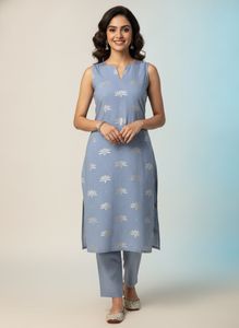 Side High slit Blue Kurta Set with Lotus Print