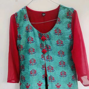 Kurta Set with Teal & Red Print