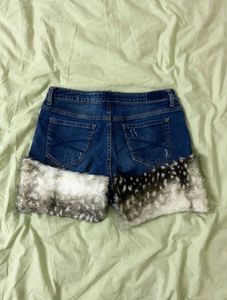 Distressed Denim Shorts with Fur Trim