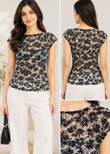 Sheer Floral Lace Cap Sleeve Top