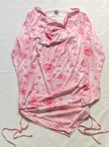 Pink Rose Print Drape Neck Top