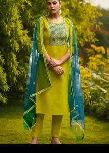 Yellow Kurta Set with Blue Dupatta