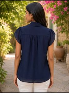 Flowy Navy Blue Gathered Workwear Top