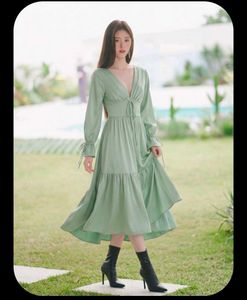 Light Green Tie-Front Tiered Dress