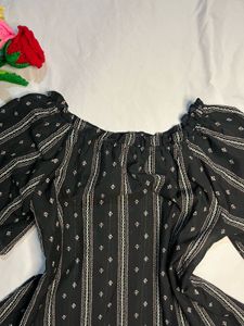 Black Off-Shoulder Blouse with White Print